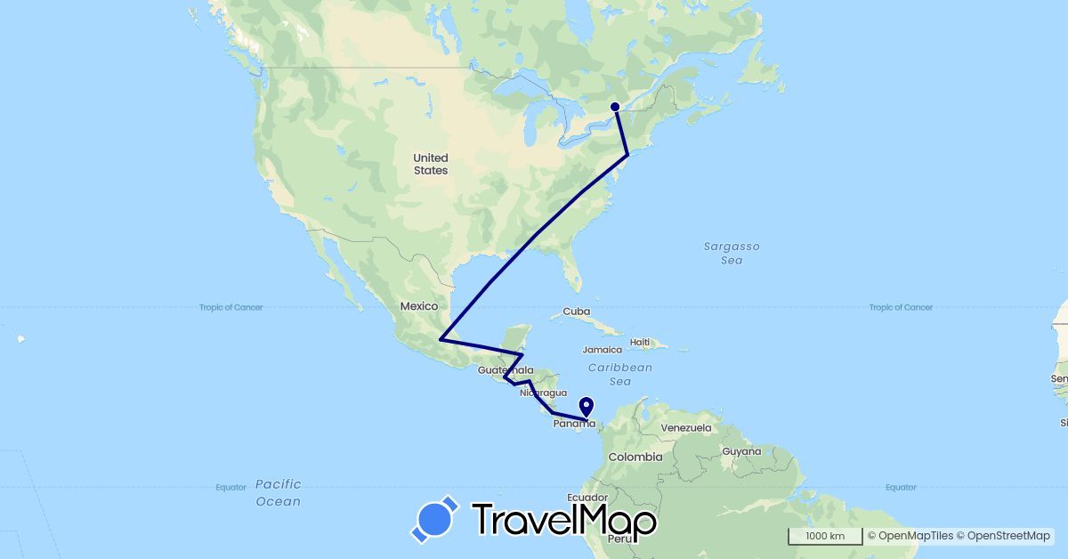 TravelMap itinerary: driving in Belize, Canada, Costa Rica, Guatemala, Honduras, Mexico, Nicaragua, Panama, El Salvador, United States (North America)